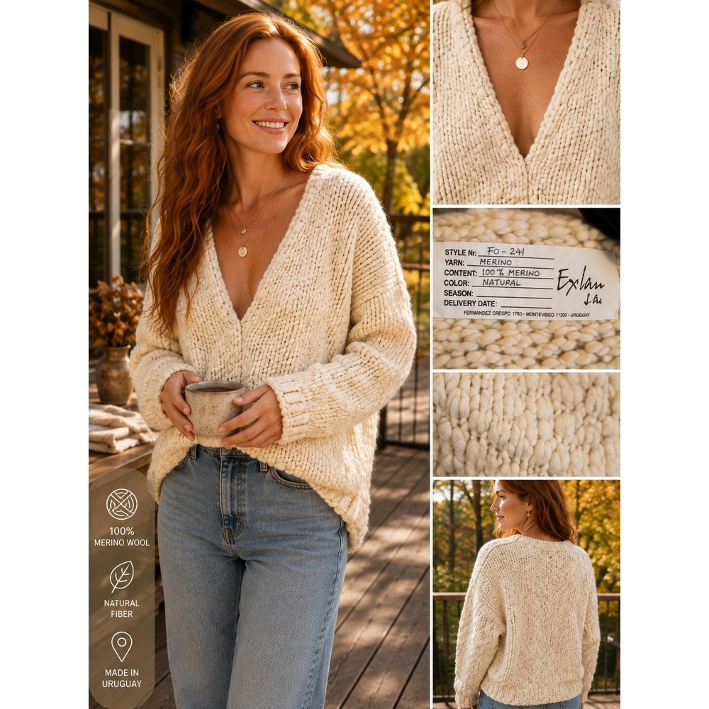 Exlan 100% Merino Wool Chunky Knit Cream Deep V-Neck Sweater Uruguay